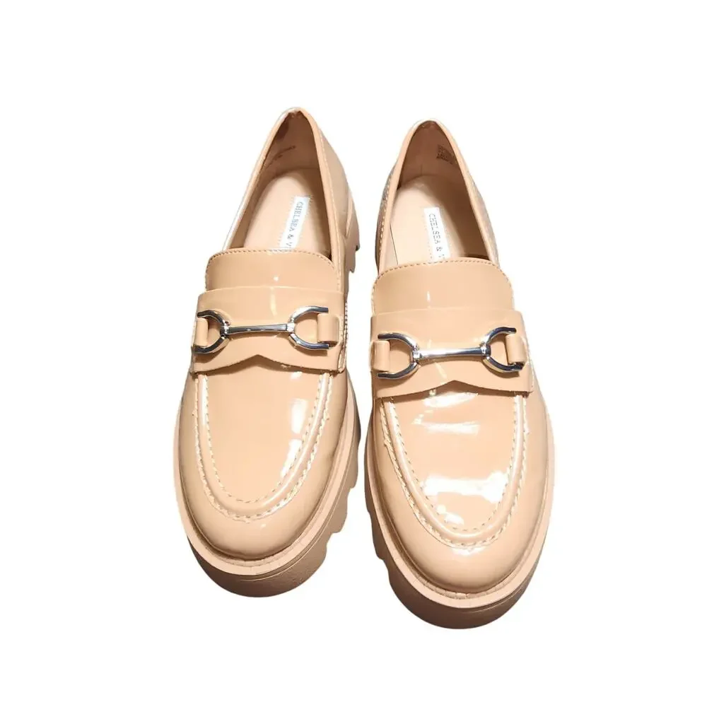 Chelsea & Violet 8M Tan Patent PU Horsebit Link Chunky Sole Platform Loafers